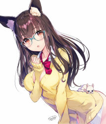 Rule 34 | 1girl, :o, animal, animal ear fluff, animal ears, arched back, between breasts, blue-framed eyewear, blush, bow, bowtie, breasts, brown eyes, brown hair, buttons, cardigan, cat ears, collared shirt, commentary request, extra ears, glasses, hand up, long hair, long sleeves, looking at viewer, medium breasts, no pants, original, parted lips, partially unbuttoned, plaid, plaid bow, plaid bowtie, plaid neckwear, red bow, red bowtie, sanbasou, school uniform, shirt, sidelocks, signature, simple background, sleeves past wrists, solo, undershirt, unmoving pattern, white background, white shirt, yellow cardigan