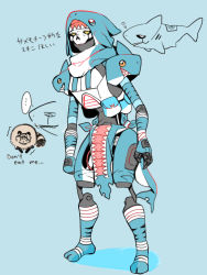 Rule 34 | 1boy, absurdres, alternate costume, animal hood, animalization, animification, annoyed, apex legends, black sclera, clenched hand, colored sclera, english text, goggles, highres, hood, humanoid robot, hunched over, mirage (apex legends), no humans, open hand, pelvic curtain, raccoon, revenant (apex legends), robot, science fiction, shark, shark hood, simulacrum (titanfall), solo focus, wankonabe, yellow eyes