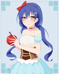 Rule 34 | 1girl, alternate hairstyle, apple, aqua skirt, artist name, artist request, bare shoulders, blue hair, blush, bow, breasts, brown corset, collarbone, corset, detached collar, dress, female focus, food, frilled dress, frills, fruit, hair between eyes, hair bow, hairband, highres, long hair, looking at viewer, love live!, love live! school idol festival, love live! school idol project, medium breasts, parted lips, puffy short sleeves, puffy sleeves, red bow, red hairband, short sleeves, skirt, smile, solo, sonoda umi, sparkle hair ornament, striped clothes, striped skirt, twintails, vertical-striped clothes, vertical-striped skirt, vertical-striped sleeves, white detached collar, white dress, yellow eyes