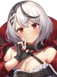 Rule 34 | 1girl, :t, belt, black belt, black collar, black gloves, black hair, blush, braid, breasts, cleavage, closed mouth, collar, fingerless gloves, gloves, grey hair, hand up, heart collar, highres, hololive, hood, hood down, large breasts, long sleeves, looking at viewer, menmen (menmen13s), multicolored hair, nail polish, off shoulder, red eyes, red nails, sakamata chloe, simple background, solo, streaked hair, upper body, virtual youtuber, white background