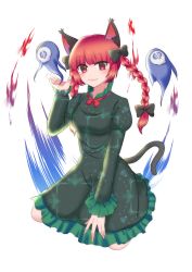 Rule 34 | 1girl, absurdres, animal ears, black bow, blunt bangs, bow, braid, cat ears, cat tail, dress, full body, green dress, hair bow, hair ribbon, hand up, highres, hitodama, kaenbyou rin, long hair, long sleeves, looking at viewer, multiple tails, red eyes, red hair, ribbon, sitting, skull, smile, solo, tail, toronekkoro, touhou, transparent background, tress ribbon, twin braids, twintails, wariza