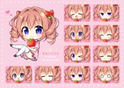 Rule 34 | &gt; o, + +, 1girl, :&lt;, :d, :t, ;q, @ @, ^ ^, aoi yun, black footwear, blue eyes, blush, brown hair, chibi, closed eyes, closed mouth, commentary request, crying, dress, expressions, food, food-themed hair ornament, fruit, hair between eyes, hair ornament, heart, looking at viewer, multiple views, nose blush, o o, hugging object, official art, one eye closed, open mouth, original, pink background, pink dress, pout, puffy short sleeves, puffy sleeves, ringlets, shoes, short sleeves, sitting, smile, strawberry, strawberry hair ornament, streaming tears, sweat, tears, thighhighs, tongue, tongue out, translation request, twintails, wavy mouth, white thighhighs