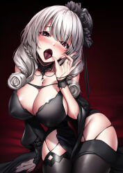 Rule 34 | 1girl, arm support, azur lane, black dress, black thighhighs, blush, braid, breasts, cleavage, commentary request, covered erect nipples, dress, fellatio gesture, groin, hair over shoulder, hand up, highres, huge breasts, ken ill, large breasts, long hair, looking at viewer, luetzow (azur lane), luetzow (everlasting blood banquet) (azur lane), nail polish, red nails, sitting, solo, thighhighs, thighs, tongue, tongue out, white hair