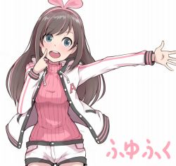 Rule 34 | 1girl, blush, finger to face, green eyes, hairband, ina (gokihoihoi), index finger raised, kizuna ai, kizuna ai inc., long sleeves, looking at viewer, open mouth, outstretched arm, short shorts, shorts, smile, solo, sweater, teeth, translation request, turtleneck, turtleneck sweater, upper body, upper teeth only, virtual youtuber