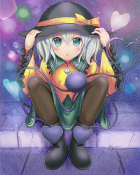 Rule 34 | 1girl, black pantyhose, blush, em s, green eyes, hat, heart, heart of string, highres, holding, holding clothes, holding hat, komeiji koishi, pantyhose, sash, solo, third eye, touhou, white hair, wide sleeves