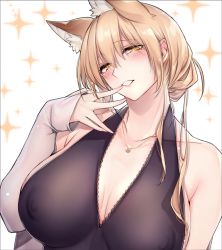 Rule 34 | 1girl, animal ear fluff, animal ears, arm at side, bare shoulders, blonde hair, blush, breasts, fox ears, fox girl, halterneck, hand to own mouth, huge breasts, jewelry, looking at breasts, necklace, off shoulder, original, parted lips, simple background, solo, upper body, yellow eyes, yukibuster z