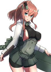 Rule 34 | 1girl, bike shorts, blue eyes, blush, breasts, brown hair, comala (komma la), cosplay, hair ornament, holding, holding weapon, kantai collection, large breasts, long hair, long sleeves, open mouth, ponytail, rigging, saratoga (kancolle), shorts, shorts under skirt, side ponytail, sideboob, simple background, skirt, smokestack, smokestack hair ornament, solo, taihou (kancolle), taihou (kancolle) (cosplay), weapon, white background