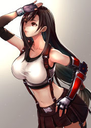 Rule 34 | 1girl, absurdres, arm guards, bare shoulders, black gloves, black hair, black skirt, breasts, closed mouth, collarbone, earrings, elbow gloves, elbow pads, final fantasy, final fantasy vii, fingerless gloves, gloves, gradient background, hand on own hip, hand up, highres, jewelry, large breasts, long hair, looking at viewer, low-tied long hair, midriff, navel, pleated skirt, pukara, red eyes, shirt, skirt, solo, suspender skirt, suspenders, tank top, taut clothes, taut shirt, tifa lockhart, white tank top