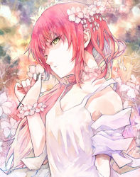 Rule 34 | 1girl, bare shoulders, bracelet, collar, dress, expressionless, flower, hair flower, hair ornament, head tilt, jewelry, long hair, looking at viewer, original, parted lips, pink hair, pointy ears, shrimpman, solo, yellow eyes