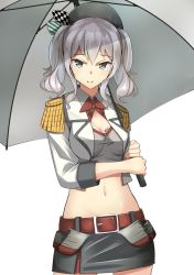 Rule 34 | 1girl, adapted costume, belt, beret, black skirt, breasts, cleavage, commentary request, grey eyes, hat, highres, holding, kantai collection, kashima (kancolle), long hair, looking at viewer, medium breasts, miniskirt, navel, negahami, race queen, red belt, revision, silver hair, simple background, skirt, smile, solo, umbrella, white background