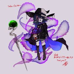Rule 34 | anderson m0311, black hair, black jacket, bone, bow, bowtie, braid, cartoon bone, colored skin, commission, eyepatch, grey hair, grey skin, hair over one eye, hat, highres, jacket, long sleeves, monster girl, necromancer, non-web source, original, pants, pointy ears, puffy long sleeves, puffy sleeves, purple bow, purple bowtie, single braid, skeb commission, skeletal arm, skeletal hand, stitched face, stitches, undead, valkrana, white pants, witch hat, wizard