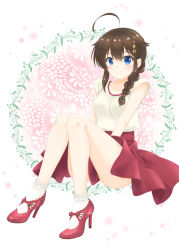 Rule 34 | 1girl, ahoge, bad id, bad pixiv id, bare legs, between legs, blue eyes, blush, braid, brown hair, closed mouth, food-themed hair ornament, frilled socks, frills, full body, hair flaps, hair ornament, hairpin, high heels, hoshino kagari, invisible chair, jewelry, kantai collection, knees together feet apart, knees up, long hair, looking at viewer, medium skirt, necklace, pink background, red footwear, red skirt, shigure (kancolle), shigure kai ni (kancolle), shirt, short sleeves, single braid, sitting, skirt, smile, socks, solo, strawberry hair ornament, tareme, thighs, white socks, yellow shirt