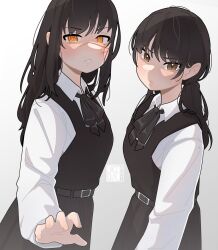 Rule 34 | 2girls, belt, black hair, black ribbon, blush, brown eyes, chainsaw man, closed mouth, collared shirt, commentary, cross scar, dress, dual persona, english commentary, facial scar, fourth east high school uniform, gradient background, highres, jacequilart, long hair, looking at viewer, low twintails, mitaka asa, multiple girls, neck ribbon, parted lips, pinafore dress, reaching, reaching towards viewer, ribbon, ringed eyes, scar, scar on cheek, scar on face, school uniform, shaded face, shirt, sleeveless, sleeveless dress, sweatdrop, twintails, white shirt, yellow eyes, yoru (chainsaw man)