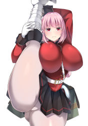 Rule 34 | 1girl, absurdres, belt, black skirt, breasts, commentary request, curvy, fate/grand order, fate (series), florence nightingale (fate), gloves, highres, huge breasts, kneepits, leg lift, long hair, looking at viewer, muyoshito, panties, panties under pantyhose, pantyhose, pink hair, serious, simple background, skirt, solo, thick thighs, thighs, underwear, white background, white footwear, white gloves, yoshito (muyoshito207)