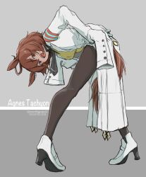Rule 34 | 1girl, agnes tachyon (umamusume), ahoge, animal ears, bent over, black pantyhose, breasts, brown hair, cardigan, coat, green necktie, hair between eyes, hanging breasts, high heels, highres, horse ears, horse girl, horse tail, lab coat, looking at viewer, medium breasts, necktie, open cardigan, open clothes, open mouth, pantyhose, red eyes, short hair, sleeves past fingers, sleeves past wrists, smile, solo, sweater, tail, umamusume, umibudou, white coat, white footwear, yellow sweater