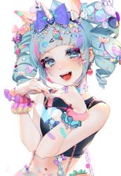 Rule 34 | 1girl, :d, absurdres, animal ears, bad id, bad pixiv id, bare shoulders, black shirt, blouse, blue eyes, blue hair, contrapposto, drill hair, earrings, eyelashes, eyeshadow, fangs, glitch, hair ornament, hairclip, hands up, head tilt, heart arms, highres, horns, jewelry, looking at viewer, makeup, nail art, nail polish, navel, ohisashiburi, open mouth, original, piercing, red nails, shirt, simple background, single horn, sleeveless, sleeveless shirt, smile, solo, standing, stomach, tongue piercing, twin drills, unicorn, upper body, white background