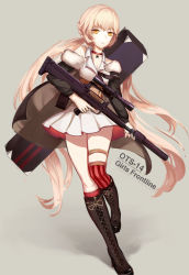 Rule 34 | 1girl, assault rifle, black footwear, boots, brown eyes, bullpup, character name, chen feng si, copyright name, cross-laced footwear, girls&#039; frontline, gun, holding, holding gun, holding weapon, light brown hair, long hair, mecha musume, ots-14 (girls&#039; frontline), ots-14 groza, personification, red thighhighs, rifle, single thighhigh, solo, standing, striped clothes, striped thighhighs, suppressor, thighhighs, weapon