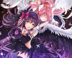Rule 34 | 10s, 2girls, akemi homura, akuma homura, argyle, argyle clothes, argyle legwear, bare shoulders, black gloves, black hair, black wings, bow, choker, closed eyes, dress, elbow gloves, feathered wings, gloves, hair bow, hug, hug from behind, kaname madoka, l.bou, long hair, looking at viewer, mahou shoujo madoka magica, mahou shoujo madoka magica: hangyaku no monogatari, md5 mismatch, multiple girls, pink hair, purple eyes, resolution mismatch, signature, smile, soul gem, source larger, space, spoilers, thighhighs, two side up, ultimate madoka, white dress, white gloves, wings, yuri, zettai ryouiki