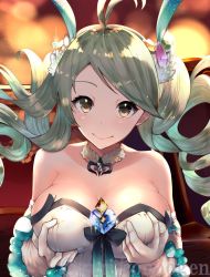 Rule 34 | 1girl, antenna hair, artist request, bad id, bad twitter id, bare shoulders, breasts, cleavage, commentary request, de la fille, detached collar, dress, drill hair, elbow gloves, gem, gloves, grabbing own breast, granblue fantasy, green eyes, green hair, hair ornament, highres, jewelry, large breasts, long hair, looking at viewer, smile, solo, strapless, strapless dress, swept bangs, tagme, twin drills, twintails, twitter username, upper body, watermark, white dress, white gloves