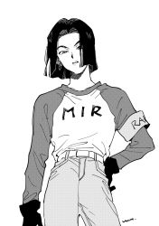 Rule 34 | 1boy, android 17, armband, belt, black hair, dragon ball, dragon ball super, earrings, gloves, greyscale, hair over one eye, hand on own hip, jewelry, male focus, monochrome, pants, shirt, simple background, solo, unome (tknm), white background