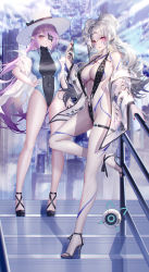 Rule 34 | 2girls, absurdres, against railing, bare legs, bare shoulders, bikini, breasts, building, city, drone, eyepatch, grey hair, groin, hand on own hip, hat, high heels, highres, holographic interface, jacket, large breasts, multiple girls, off shoulder, one-piece swimsuit, original, outdoors, pointy ears, ponytail, purple eyes, railing, red eyes, rib (rib delesetong), sky, slingshot swimsuit, stairs, swimsuit, swimsuit under clothes, thigh strap, thighs