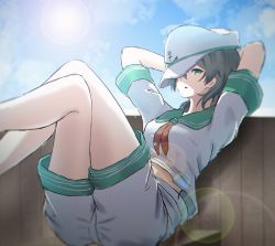 Rule 34 | 1girl, anchor symbol, arms behind head, ascot, ass, bad id, bad pixiv id, bare legs, black hair, breasts, commentary request, crop top, crossed legs, green eyes, hat, hat over one eye, highres, legs up, lens flare, looking at viewer, medium breasts, murasa minamitsu, open mouth, short sleeves, shorts, sitting, sun, teraguchi, touhou