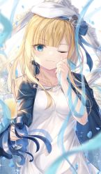 1girl, ;), bangs, blonde hair, blue bow, blue eyes, blue ribbon, blush, bow, breasts, closed mouth, collarbone, commentary request, dress, eyebrows visible through hair, fate (series), flower, gem, glass, grey flower, hair bow, hair flower, hair ornament, hand up, hands up, hat, highres, holding, long hair, long sleeves, looking at viewer, lord el-melloi ii case files, nattsu (nattu888 8), one eye closed, reines el-melloi archisorte, ribbon, short sleeves, small breasts, smile, solo, white dress, white headwear