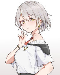 Rule 34 | 1girl, absurdres, alternate costume, bare shoulders, belt, blush, bracelet, breasts, earrings, girls&#039; frontline, grey hair, highres, jewelry, mango (mgo), medium breasts, off shoulder, parted lips, playing with own hair, shirt, short hair, short sleeves, simple background, solo, upper body, vector (girls&#039; frontline), white background, white shirt, yellow eyes