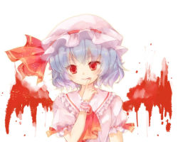 Rule 34 | 1girl, ascot, bad id, bad pixiv id, blood, blood wings, blue hair, blush, brooch, female focus, hat, hat ribbon, jewelry, mitsu (173014), red eyes, remilia scarlet, ribbon, short hair, solo, touhou, upper body, wings, wrist cuffs