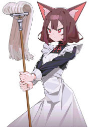 Rule 34 | 1girl, absurdres, animal ear fluff, animal ears, apron, bright pupils, brown hair, cat ears, clenched hands, closed mouth, highres, holding, light blush, maid, maid apron, mop, neck ribbon, original, red eyes, red ribbon, ribbon, saaal653, short hair, simple background, solo, standing, tsurime, v-shaped eyebrows, white background, white pupils