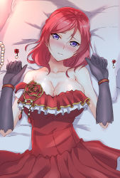 Rule 34 | 1girl, bare shoulders, black gloves, blush, breasts, cleavage, collarbone, commentary request, dress, unworn earring, gloves, highres, jewelry, unworn jewelry, large breasts, looking at viewer, love live!, love live! school idol project, lying, necklace, unworn necklace, nishikino maki, on back, on bed, oshiruko kizoku, pillow, purple eyes, red dress, red hair, short hair, solo, strapless, strapless dress, sweat
