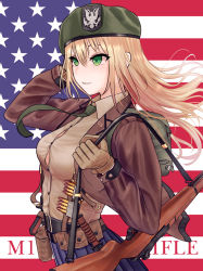 Rule 34 | 1girl, american flag, bad id, bad pixiv id, blonde hair, blue skirt, canteen, character name, clip (weapon), cowboy shot, en bloc clip, flag background, from side, girls&#039; frontline, gloves, green eyes, green neckwear, gun, hair between eyes, hand in own hair, handgun, highres, knife, long hair, m1911, m1 garand, m1 garand (girls&#039; frontline), over shoulder, pistol, rifle, skirt, smile, solo, turisasu, united states, weapon, weapon over shoulder