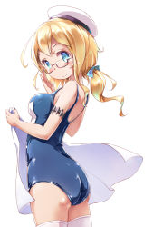 Rule 34 | 10s, 1girl, adjusting eyewear, ass, back, blonde hair, blue eyes, breasts, glasses, hat, i-8 (kancolle), kantai collection, looking back, low twintails, medium breasts, moupii (hitsuji no ki), one-piece swimsuit, peaked cap, personification, red-framed eyewear, school swimsuit, smile, solo, submarine, swimsuit, thighhighs, towel, twintails, watercraft, white thighhighs