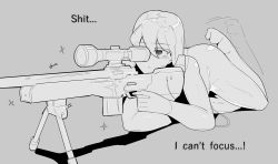 Rule 34 | 1girl, bodysuit, closed mouth, commentary, english commentary, english text, grey background, greyscale, gun, highres, holding, holding gun, holding weapon, monochrome, oddsnail, original, simple background, skin tight, solo, sparkle, weapon