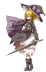 Rule 34 | 1boy, black coat, black footwear, black hat, blonde hair, blush, boots, bow, braid, buttons, closed mouth, coat, commentary request, cookie (touhou), full body, genderswap, genderswap (ftm), hat, hat bow, highres, holding, holding sword, holding weapon, kirisame marisa, long hair, long sleeves, looking at viewer, purple bow, purple scarf, rei (cookie), scarf, side braid, simple background, single braid, skirt, smile, solo, split mouth, sword, touhou, trap, v-shaped eyebrows, weapon, white background, white skirt, witch hat, yellow eyes, yumekamaborosh