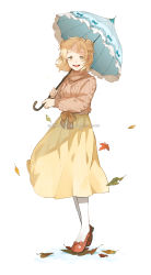 Rule 34 | 1girl, absurdres, aged up, aran sweater, autumn leaves, bangsutur, beige sweater, blonde hair, blue ribbon, bow, braid, braided bun, brown bow, cable knit, commentary request, double bun, eyelashes, flats, floating hair, frilled umbrella, frills, full body, hair bun, half-closed eyes, happy, highres, holding, holding umbrella, korean text, laughing, leaf, light blush, light particles, long skirt, looking at viewer, medium hair, olivia webster, open mouth, parasol, parted bangs, red footwear, red ribbon, ribbed sweater, ribbon, round teeth, shoes, simple background, skirt, solo, sparkle, standing, sweater, tareme, teeth, translation request, turtleneck, turtleneck sweater, two side up, umbrella, upper teeth only, violet evergarden, violet evergarden (series), waist bow, white background, white legwear, wind, wind lift, yellow eyes, yellow skirt