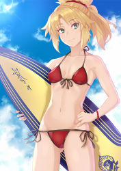 Rule 34 | 1girl, bad id, bad pixiv id, bikini, blue sky, breasts, cloud, cowboy shot, darahan, day, fate/apocrypha, fate/grand order, fate (series), front-tie bikini top, front-tie top, hair ornament, hair scrunchie, halterneck, hand on own hip, holding, holding behind back, looking at viewer, mordred (fate), mordred (fate) (all), mordred (fate/apocrypha), mordred (swimsuit rider) (fate), mordred (swimsuit rider) (first ascension) (fate), red bikini, red scrunchie, scrunchie, side-tie bikini bottom, sky, small breasts, solo, surfboard, swimsuit