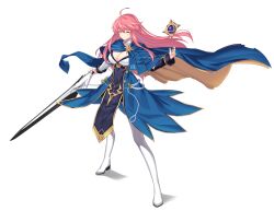 Rule 34 | 1girl, blue cloak, breasts, cleavage, cloak, closed eyes, counter:side, esterosa de chevalier, full body, highres, holding, holding sword, holding weapon, large breasts, long hair, official art, pink hair, smile, solo, sword, tachi-e, thighhighs, transparent background, weapon, white thighhighs