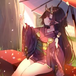 Rule 34 | 1girl, bare legs, black hair, catching, cherry blossoms, commentary request, cowboy shot, dango, demon horns, expressionless, falling petals, flower, food, grass, grey horns, grimms echoes, highres, holding, holding food, horns, japanese clothes, kimono, long hair, long sleeves, looking at hand, oil-paper umbrella, onihime (grimms echoes), outdoors, parted lips, petals, pink flower, pointy ears, purple eyes, purple kimono, purple sleeves, red umbrella, short kimono, sitting, solo, sunlight, sunset, thighs, tree, tsukimi dango, umbrella, usamata, very long hair, wagashi, wide sleeves