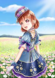 Rule 34 | 1girl, absurdres, afternoon tea (love live!), alternate hairstyle, aqua dress, aqua skirt, aqua wrist cuffs, artist name, artist request, blue sky, blue wrist cuffs, blurry, blush, bow, braid, breasts, cloud, crown braid, day, depth of field, detached collar, dress, earrings, female focus, field, flower, flower field, flower print, frilled dress, frilled skirt, frills, from behind, gloves, half updo, hat, hat flower, highres, jewelry, looking at viewer, looking back, love live!, love live! school idol festival, love live! school idol festival all stars, love live! sunshine!!, miniskirt, orange hair, outdoors, parted lips, plaid, plaid dress, plaid skirt, pleated, pleated dress, pleated skirt, purple bow, purple hat, purple ribbon, purple skirt, red eyes, ribbon, short hair, short sleeves, skirt, sky, smile, solo, sunlight, takami chika, white detached collar, white gloves, wrist cuffs