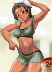 Rule 34 | 1girl, :q, abs, armpits, boro, clothes pull, dark skin, dark-skinned female, lifting own clothes, muscular, navel, short hair, shorts, shorts pull, solo, sports bra, sweat, thighs, tongue, tongue out, towel, towel on head