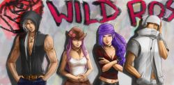 Rule 34 | 1980s (style), 2boys, 2girls, alternate costume, armband, bandana, belt, black hair, breasts, casual, choker, cleavage, contemporary, crossed arms, final fantasy, final fantasy ii, flower, firion, graffiti, hands in pockets, hat, headphones, highres, hood, hoodie, jewelry, leila, leona (hearsay142002), leon (ff2), lineup, lips, lipstick, long hair, makeup, maria (ff2), medium breasts, midriff, minwu, multiple boys, multiple girls, necklace, oldschool, own hands clasped, own hands together, pink eyes, purple eyes, purple hair, reila, retro artstyle, rose, scarf, silver hair