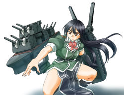 Rule 34 | black footwear, black hair, boots, bow, bowtie, breasts, brown eyes, cannon, chikuma (kancolle), elbow gloves, gloves, green shirt, kantai collection, kneeling, large breasts, long hair, machinery, pelvic curtain, puffy short sleeves, puffy sleeves, red bow, red bowtie, rigging, shirt, short sleeves, single glove, tasoku hokou heiki, turret