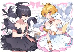 Rule 34 | 2boys, 2girls, ahoge, bird, black dress, blonde hair, cosplay, crossdressing, crow, crown, don quixote (project moon), dove, dress, faust (project moon), gredell elle, hand fan, highres, holding, holding fan, limbus company, looking at viewer, male focus, multiple boys, multiple girls, princess kraehe, princess kraehe (cosplay), princess tutu, princess tutu (character), princess tutu (character) (cosplay), project moon, simple background, sinclair (project moon), tutu, white background, white dress, yellow eyes, yi sang (project moon)