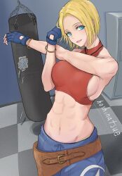 Rule 34 | 1girl, abs, bare shoulders, blonde hair, blue eyes, blue mary, breasts, crop top, fatal fury, fingerless gloves, gloves, highres, hoshinatsue, large breasts, midriff, navel, pants, punching bag, short hair, sideboob, sleeveless, smile, the king of fighters