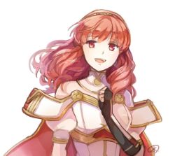 Rule 34 | 1girl, arm guards, armor, bare shoulders, black gloves, breastplate, celica (fire emblem), detached collar, fingerless gloves, fire emblem, fire emblem echoes: shadows of valentia, gloves, hairband, long hair, nintendo, open mouth, red armor, red eyes, red hair, simple background, solo, tarayuki, white armor, white background