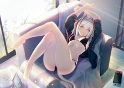 Rule 34 | 1girl, absurdres, antenna hair, arknights, arms up, artist request, ass, barefoot, bikini, black bikini, black jacket, blanket, breasts, chair, chromatic aberration, cleavage, feet, highres, horns, jacket, jiusan naitang, legs up, looking at viewer, lying, medium breasts, medium hair, multi-strapped bikini, multicolored hair, nintendo switch, on back, open clothes, open jacket, parted lips, picture frame, plantar flexion, silver hair, solo, stomach, streaked hair, string bikini, swimsuit, thighs, w (arknights), yellow eyes