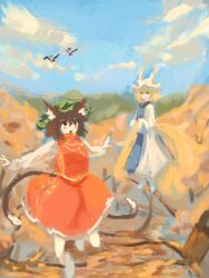 Rule 34 | 4girls, :d, absurdres, animal ear fluff, animal ears, bird wings, blonde hair, blue sky, blue tabard, blush, breasts, brown eyes, brown hair, cat ears, cat tail, chen, cloud, day, dress, earrings, flying, fox ears, full body, gold trim, green headwear, happy, hat, highres, himekaidou hatate, jewelry, medium hair, mob cap, mountainous horizon, multiple girls, multiple tails, nekomata, open mouth, outdoors, outstretched arms, petite, red skirt, red vest, running, shameimaru aya, single earring, skirt, skirt set, sky, small breasts, smile, sparkle71059204, tabard, tail, tokin hat, touhou, two tails, vest, white dress, wings, yakumo ran