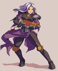 Rule 34 | 1girl, adepta sororitas, armor, bolter, breasts, commentary, daniel fielding, english commentary, full body, gun, medium breasts, multicolored hair, purple hair, serious, shoulder armor, solo, streaked hair, two-tone hair, v-shaped eyebrows, warhammer 40k, weapon, white hair
