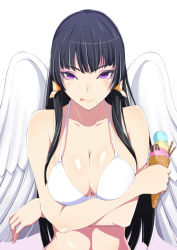 Rule 34 | 1girl, :p, bare shoulders, bikini, bird wings, black hair, blush, breast hold, breasts, cleavage, collarbone, crossed arms, dead or alive, dead or alive 5, eyeshadow, female focus, food, gradient background, highres, hime cut, holding, ice cream, ice cream cone, konishiki (52siki), large breasts, licking lips, light smile, lips, long hair, looking at viewer, makeup, mole, mole under mouth, nyotengu, purple background, purple eyes, shiny skin, solo, swimsuit, tongue, tongue out, upper body, white bikini, white wings, wings